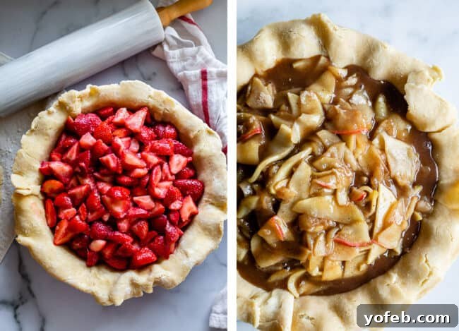 Two pie crusts, one filled with vibrant strawberries and the other with classic apple pie filling, showcasing the versatility of homemade flaky crust.