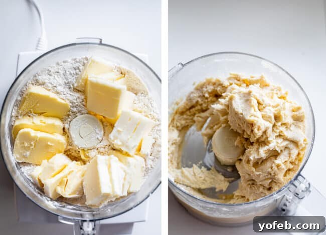Flour, butter, and shortening are combined in a food processor, illustrating an alternative method for making pie dough.