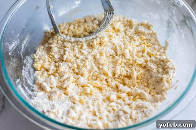 A bowl of flour with pea-sized pieces of butter and shortening, perfectly cut in with a pastry cutter, ready for the next stage of pie crust making.