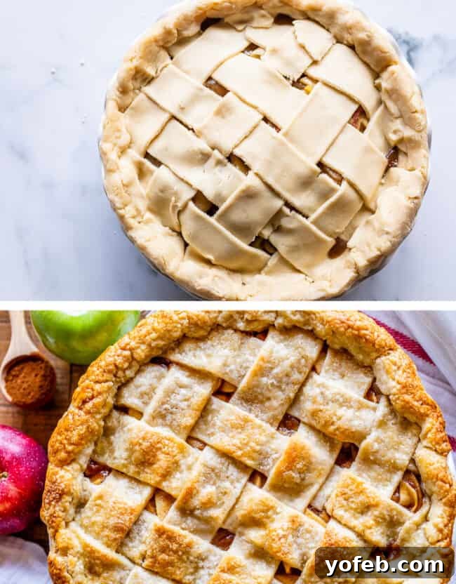A Visual Guide to Making a Lattice Pie Crust 20 a raw lattice crust apple pie with a baked apple pie