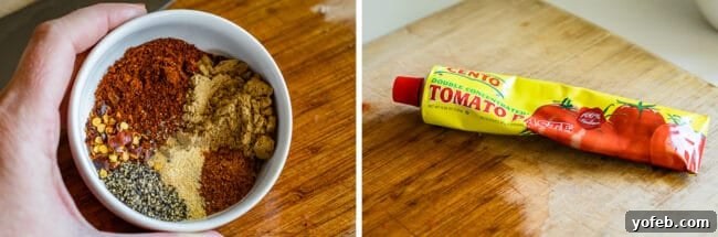 Effortless 45 Minute Chili 10 bowl of spices for chili, tomato paste in a tube.