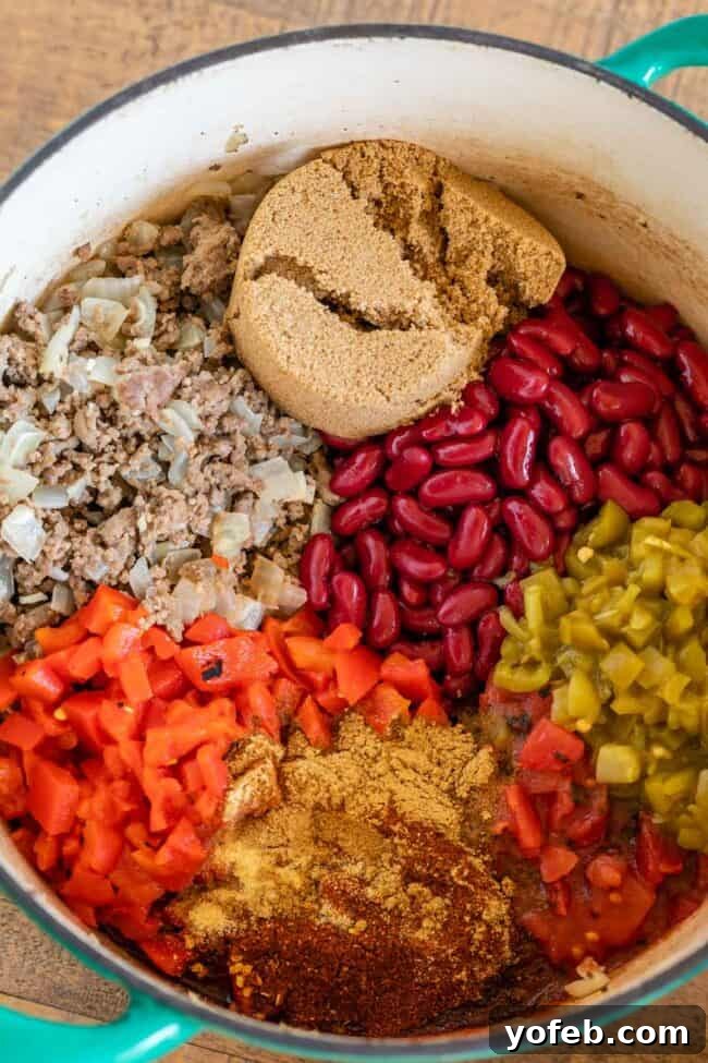Effortless 45 Minute Chili 11 ingredients for chili arranged in a pot.