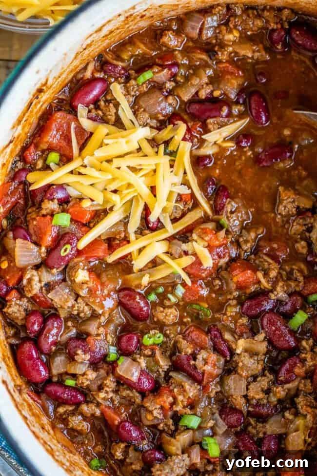 Effortless 45 Minute Chili 6 basic chili recipe with cheddar cheese, shot from overhead.