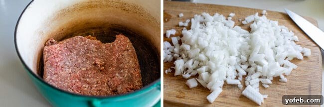 Effortless 45 Minute Chili 7 ground beef in a pot, chopped onions; ingredients for chili.