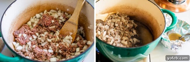 Effortless 45 Minute Chili 8 sauteeing ground beef and onions in a soup pot, draining grease.