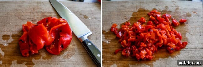 Effortless 45 Minute Chili 9 chopping roasted red pepper on a cutting board.