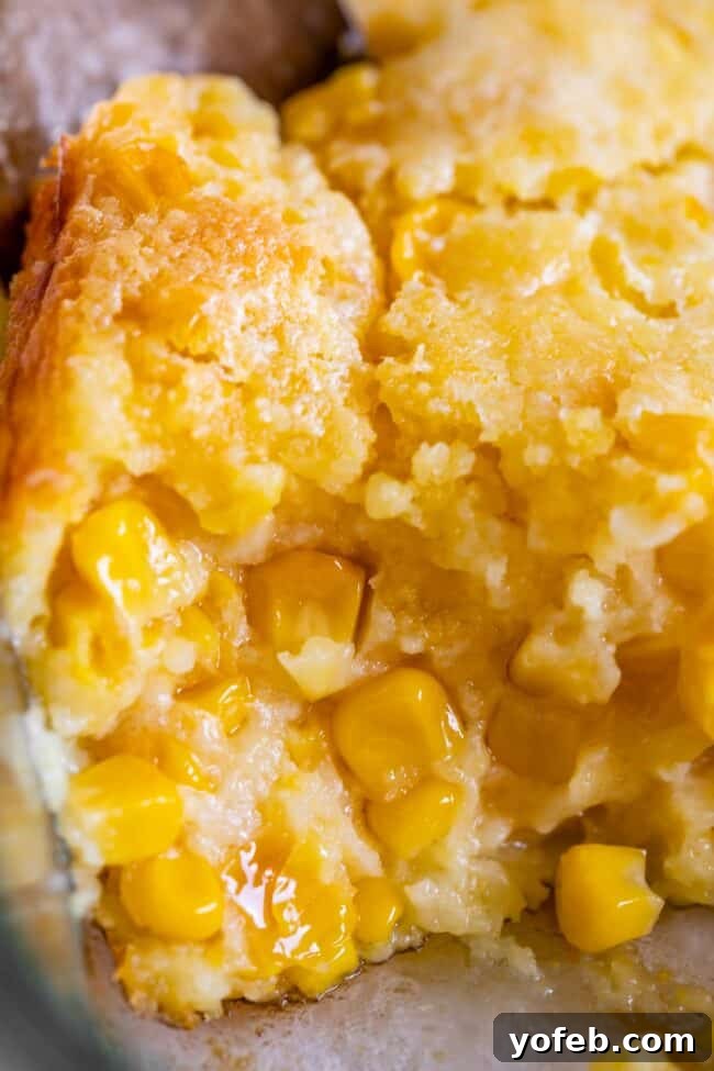 Golden Cornbread Delight 4 Jiffy corn casserole shot from the side.