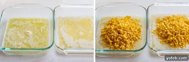 Golden Cornbread Delight 8 melted butter in a glass 8x8 pan, corn and butter in a pan.