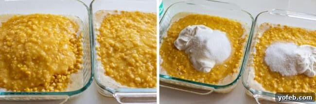 Golden Cornbread Delight 9 corn and sour cream and butter in a casserole dish.