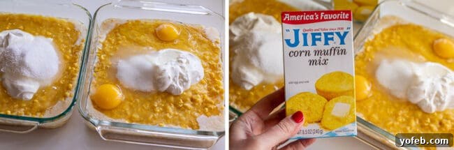Golden Cornbread Delight 10 eggs, corn, butter, sour cream in a pan, and a box of jiffy cornbread mix.