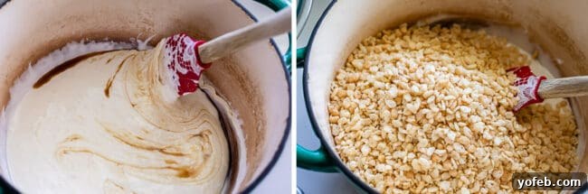 Foolproof Rice Krispies Treats 11 Melted marshmallows with vanilla and crispy rice cereal added to the pot for mixing.