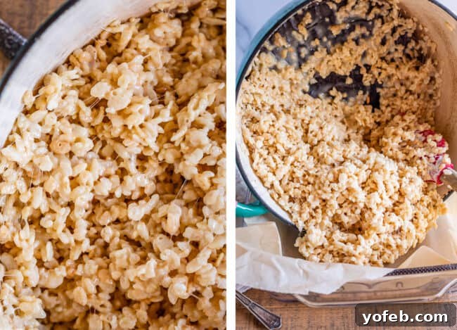 Foolproof Rice Krispies Treats 12 Crispy rice and marshmallow mixture being poured into a prepared pan.