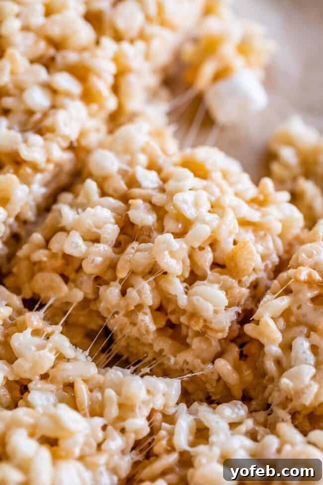 Foolproof Rice Krispies Treats 14 Gooey Rice Krispie Treats with a beautiful marshmallow stretch.