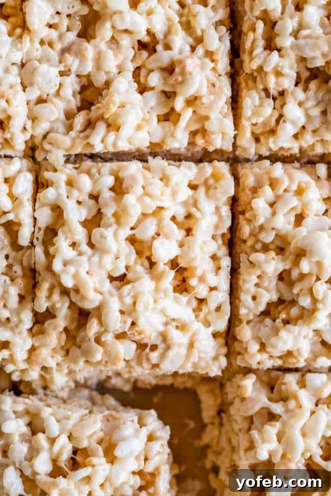 Foolproof Rice Krispies Treats 3 Best Rice Krispie Treats, cut into perfect squares, viewed from overhead.