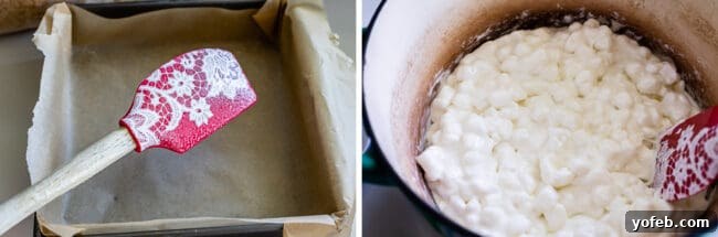 Foolproof Rice Krispies Treats 9 Parchment paper lined pan and marshmallows melting in a pot for Rice Krispie Treats.