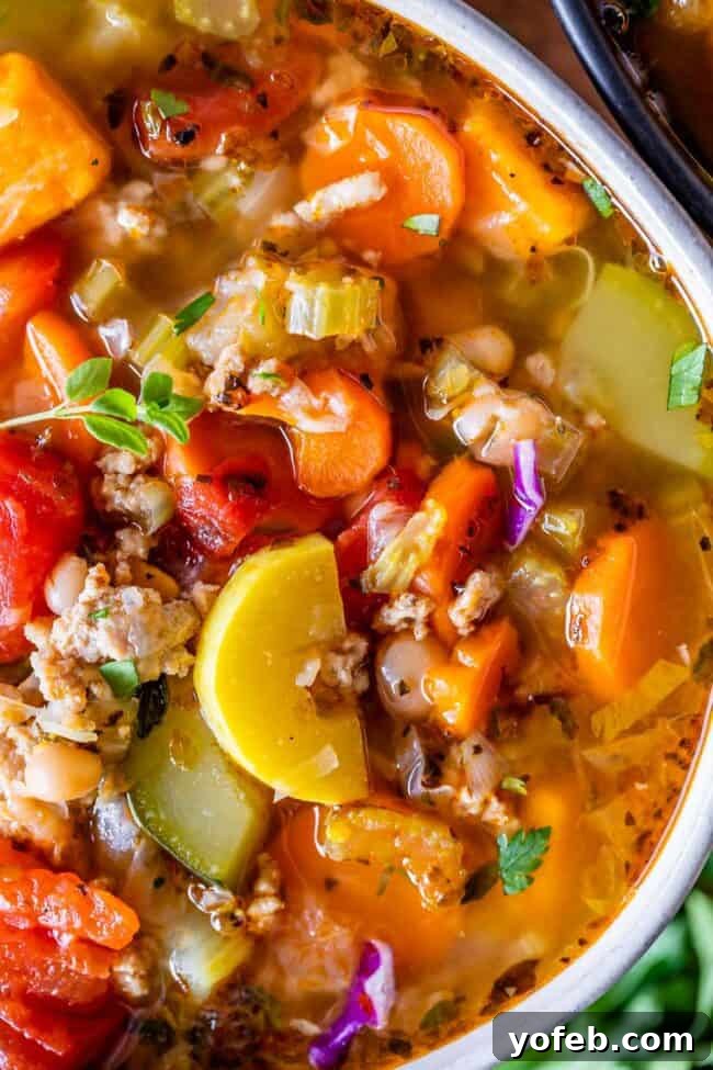 Overhead close-up of a bowl of comforting Turkey Vegetable Weight Loss Soup, garnished with fresh green herbs.