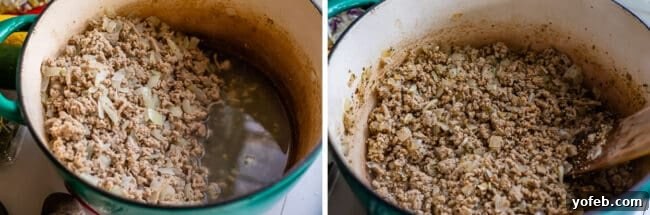 Step-by-step photos showing draining fat from ground turkey and seasoning it with spices in a pot.