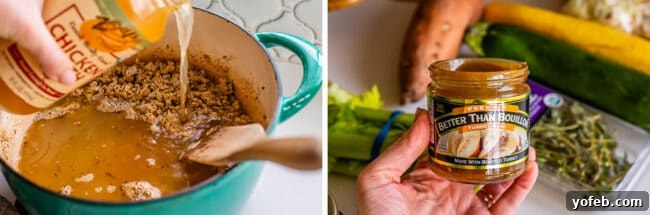 Pouring chicken broth into the soup pot, alongside an image of Better Than Bouillon Turkey Base for enhanced flavor.
