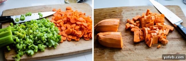 Freshly chopped celery and carrots on a wooden cutting board, with a separate image of a chopped sweet potato and knife.