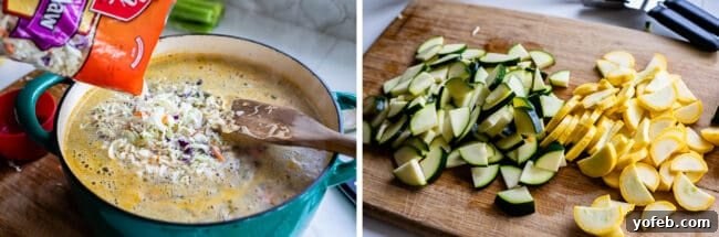 Adding shredded cabbage to a pot of simmering soup, next to a cutting board with chopped zucchini and yellow squash.