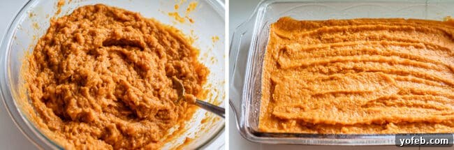 Heavenly Sweet Potato Crumble 9 Process of mashing sweet potatoes in a bowl and then spreading the mixture into a baking pan.
