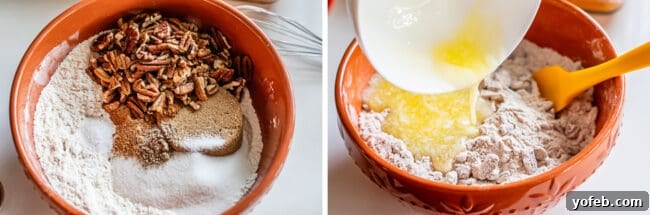 Heavenly Sweet Potato Crumble 10 Dry streusel ingredients in a bowl, with melted butter being poured in.