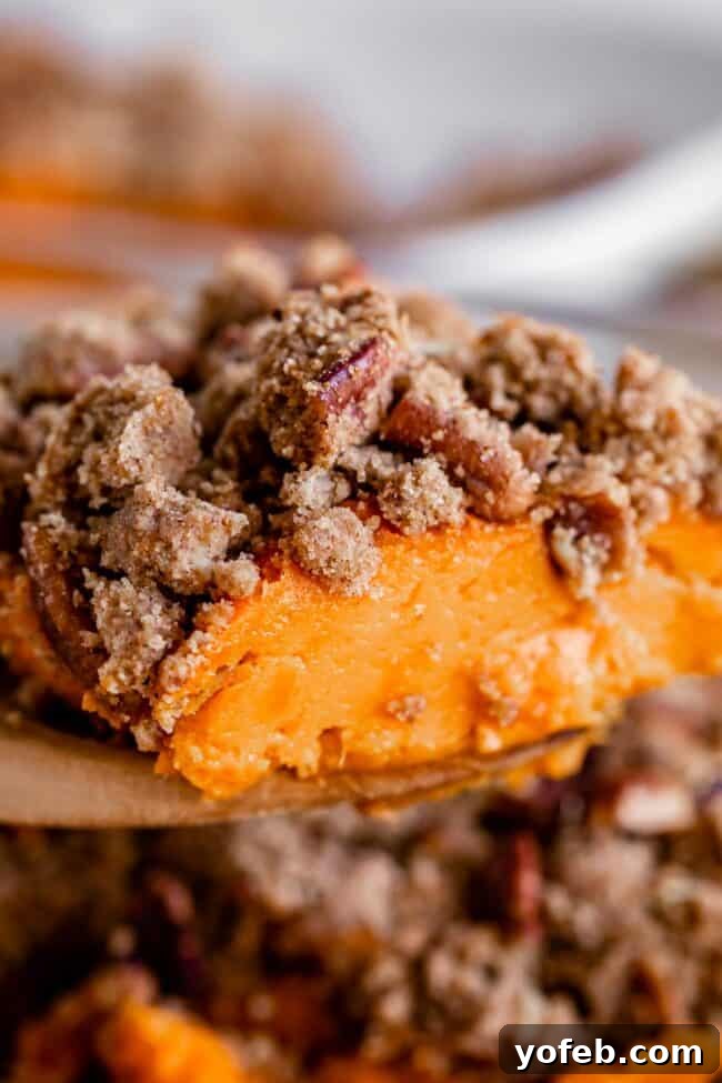 Heavenly Sweet Potato Crumble 4 A serving of sweet potato casserole with pecans being spooned out of the baking dish, showing its rich texture and topping.
