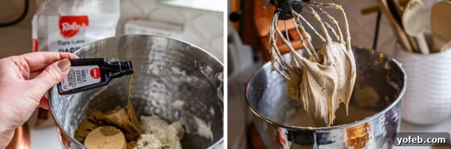 Vanilla extract being poured into a stand mixer, and a whisk attachment coated with perfectly beaten cream cheese and brown sugar.