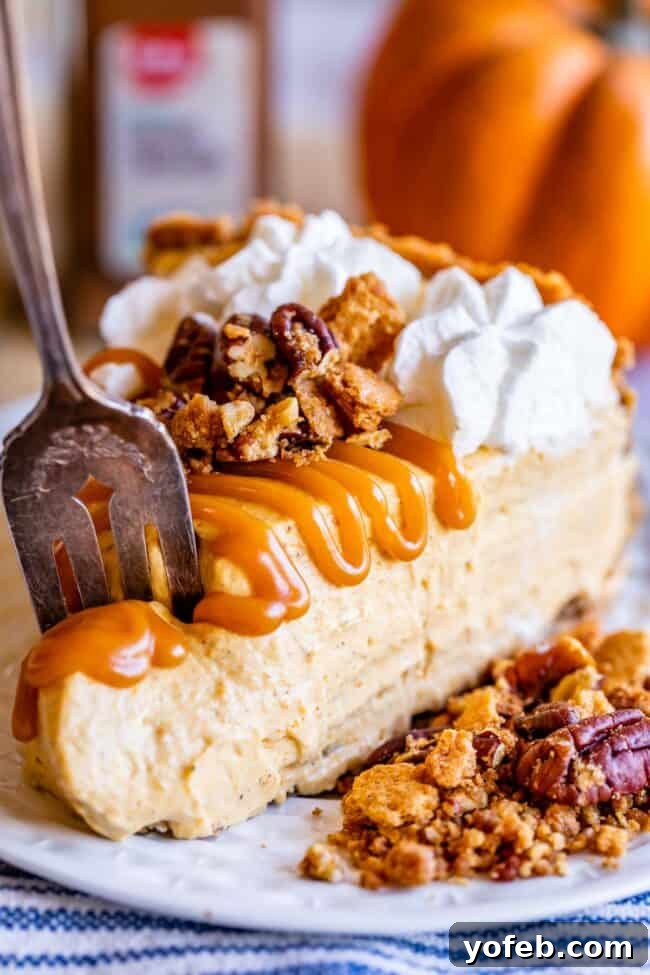A beautifully presented slice of no-bake pumpkin cheesecake, drizzled with caramel sauce and garnished with pecans and whipped cream.