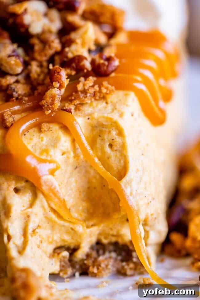A close-up of a bite taken from a slice of no-bake pumpkin cheesecake, revealing the luscious caramel sauce and inviting texture.