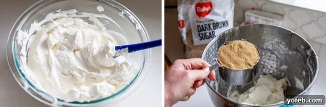 Whipped cream in a bowl beside a stand mixer, and brown sugar being added to the mixer bowl with cream cheese.