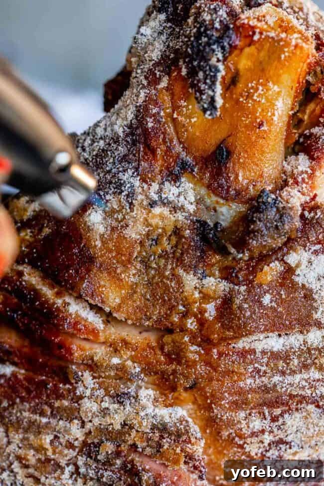 Ultimate Honey Baked Ham 10 Using a kitchen torch to caramelize the sugar coating on a honey baked ham.