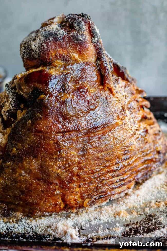 Ultimate Honey Baked Ham 11 Close-up of the finished honey baked ham glaze with a perfect, crackly sugar coating.