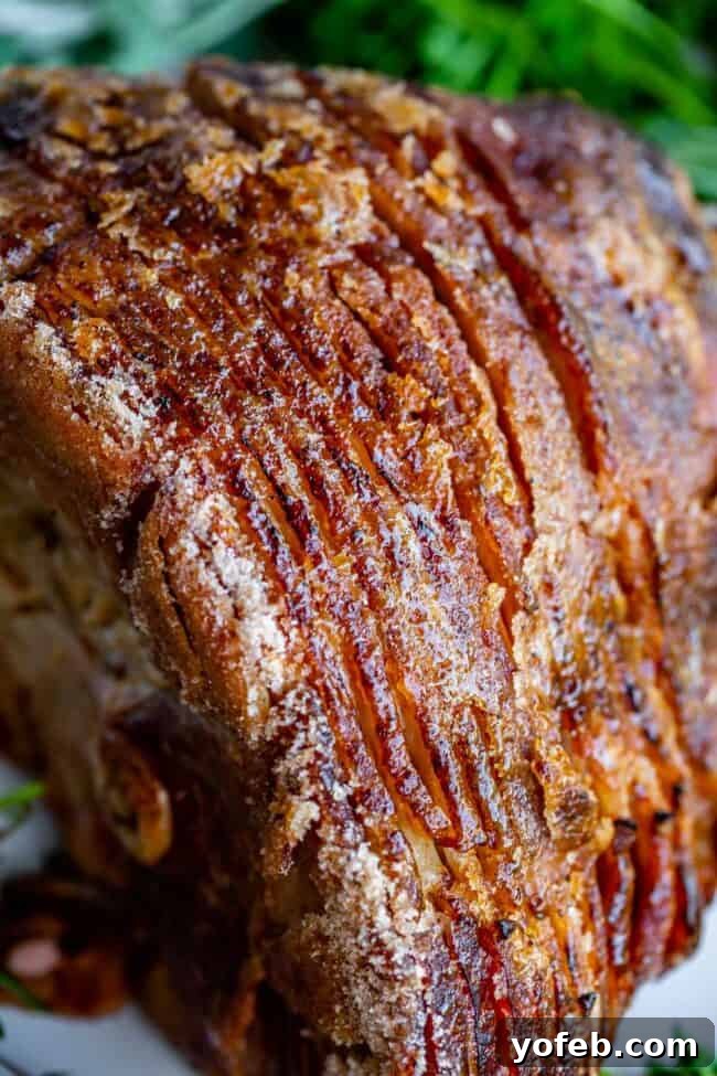 Ultimate Honey Baked Ham 12 Side view of a perfectly sliced spiral ham, showcasing the tender meat and caramelized crust.
