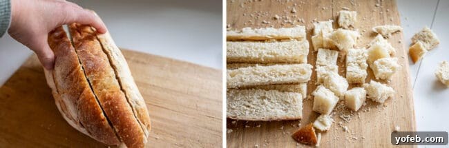 The Ultimate Thanksgiving Stuffing 9 slicing and cubing bread on a cutting board