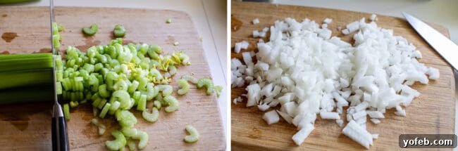 The Ultimate Thanksgiving Stuffing 12 celery chopped on a cutting board, onions, chopped