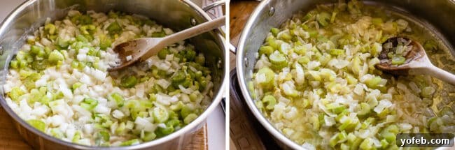 The Ultimate Thanksgiving Stuffing 13 celery and onions cooked in butter in a pan, before and after