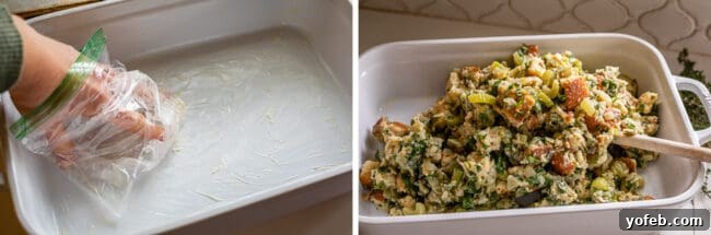 The Ultimate Thanksgiving Stuffing 19 buttering a white casserole dish, raw stuffing poured into pan