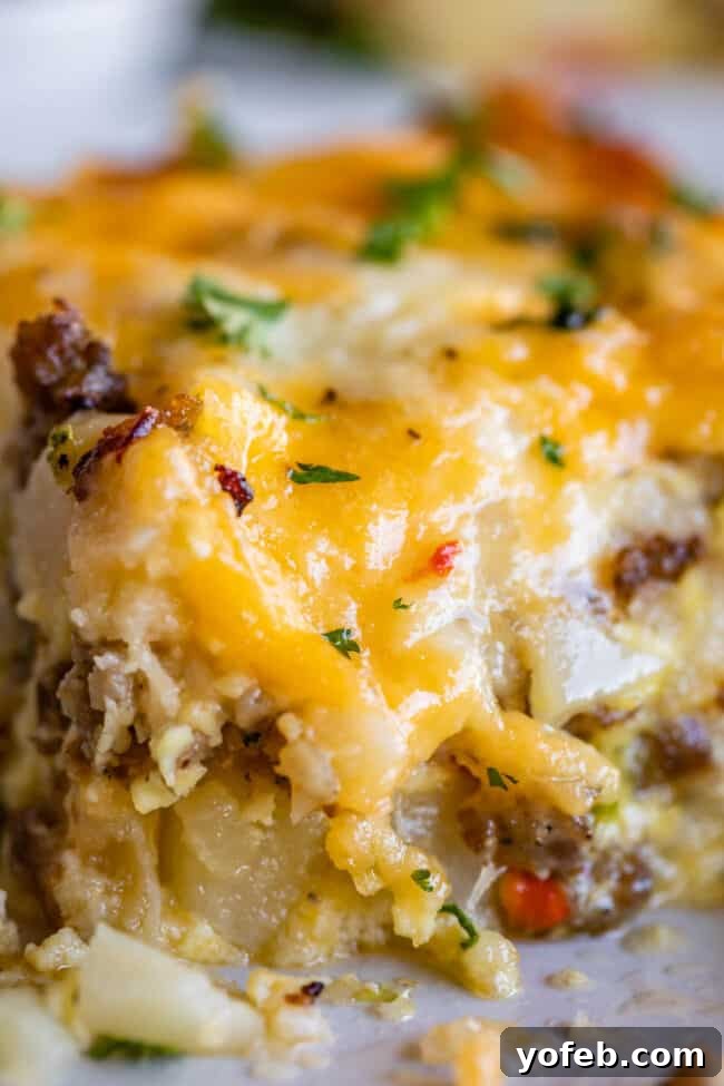 The Ultimate Sausage Breakfast Casserole 5 sausage breakfast casserole shot from closeup.