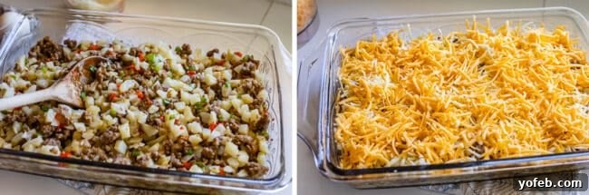The Ultimate Sausage Breakfast Casserole 9 mixing together potatoes and sausage peppers and onions. layering cheese on top.
