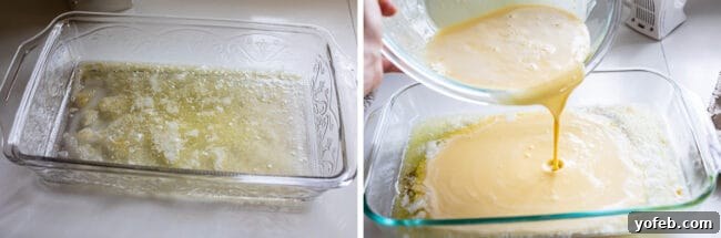 melted butter in a 9x13 inch pan, pouring batter into the melted butter.