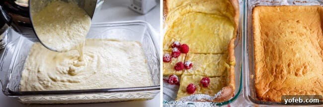 pouring batter into melted butter, two kinds of German pancakes side by side.