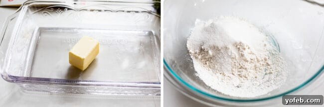 butter in a 9x13 inch pan, a bowl of flour sugar and salt.