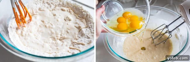 stirring milk into flour in a large bowl, then adding eggs to the bowl ready for a hand mixer to combine.