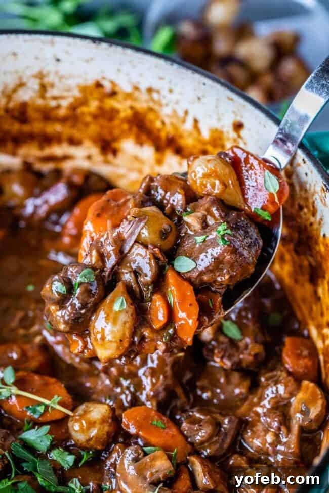 Classic French Beef Bourguignon 13 A close-up of Beef Bourguignon being stirred in a pot with a spoon, showing the rich, dark sauce and tender ingredients.