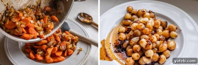 Classic French Beef Bourguignon 14 Sautéed carrots being transferred from a pan to a plate, next to a separate plate of delicately browned pearl onions, ready for the next step in the recipe.
