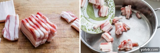 Classic French Beef Bourguignon 15 Salt pork, expertly sliced into strips on a cutting board, is then carefully added to a hot skillet to begin the frying process, rendering its rich fat.
