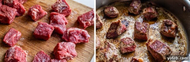 Classic French Beef Bourguignon 17 Cubed chuck roast, seasoned with salt, waits on a cutting board before being seared in a hot pan, creating a beautiful crust.