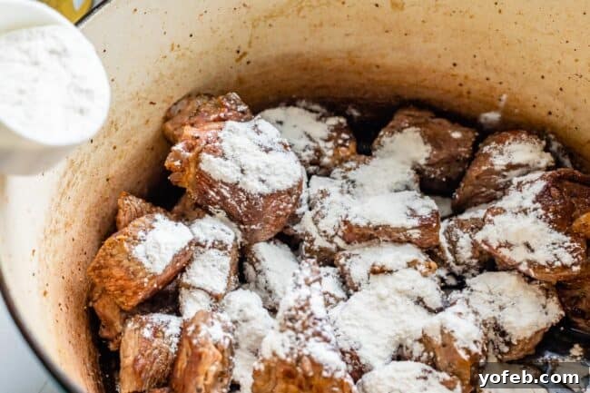 Classic French Beef Bourguignon 18 Seared beef in a pot, evenly coated with flour, ready for the liquid ingredients to be added for the stew.