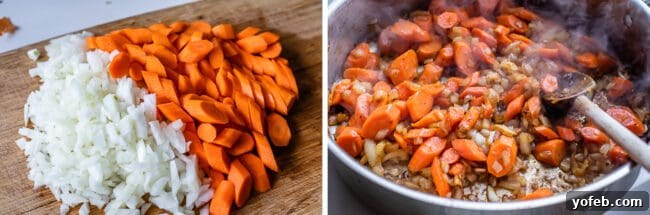 Classic French Beef Bourguignon 19 Freshly chopped onions and carrots neatly arranged on a cutting board, juxtaposed with the vibrant scene of onions and carrots gently sautéing in a pan with rich beef drippings.
